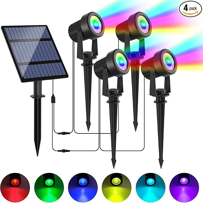 RGB Solar Spot Lights Outdoor 4Pack Color Changing Landscape Lighting IP65 Waterproof Auto Dusk to Dawn SpotLights Christmas Decorative Lighting for Garden Yard Pathway