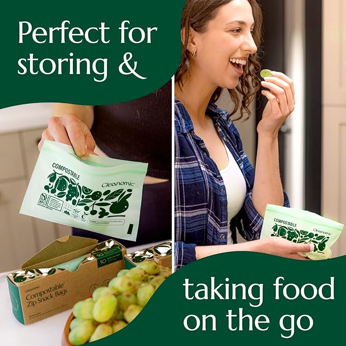 Cleanomic Compostable* Snack Size Food Storage Bags (50 Eco Zip) Freezer and Leak Proof, Also Available Gallon, Quart and Sandwich Size Bags