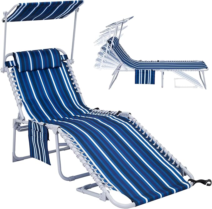 #WEJOY Folding Lounge Chair with Canopy Shade, Portable Adjustable 5-Position Patio Chaise Lounger with Pillow & Pouch for Lay Flat Outdoor Lawn Backyard Beach Camping Pool Tanning (Blue White)