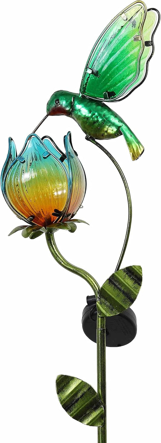 TERESA'S COLLECTIONS Glass Flower Bird Pathway Solar Outdoor Light for Garden Decor, 41'' Tulip and Hummingbird Metal Decorative Stakes Yard Art for Lawn Patio Porch Decorations, Gifts for Mom