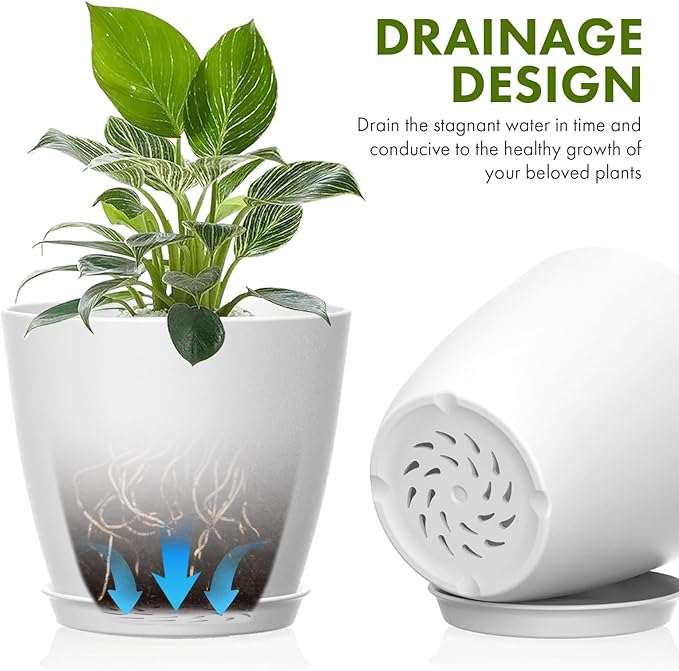 8 Pack 4 Inch Plant Pots with Drainage Holes and Saucers, Pots for Plant Indoor, Plastic Planters for Succulents and Small Plants, White