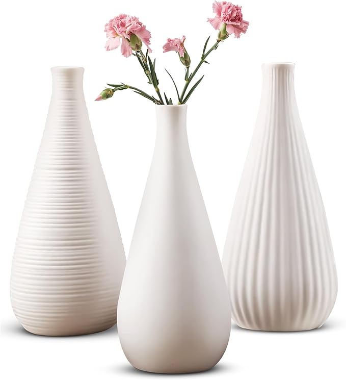 White Vases Home Decor Modern Ceramic Decorative Vases for Home Decor, Flower Vases & Centerpiece, Minimalist Design Set of 3