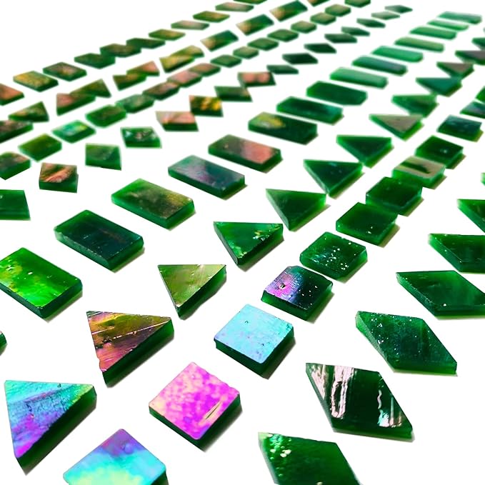 Iridescent Green Mosaic Tiles for Crafts, 280 Pieces Mixed 4 Shapes Stained Glass Sheets, Stained Glass Supplies for Mosaic Projects