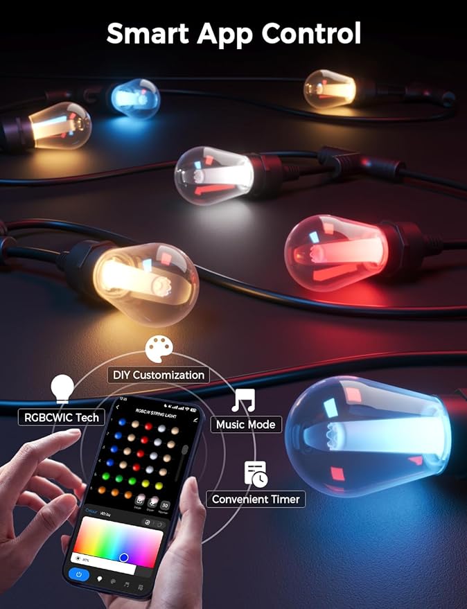 XMCOSY+ Smart Outdoor String Lights, 123Ft Patio Lights Waterproof, App Control, Compatible with Alexa, RGBCWIC Color Changing LED String Light for Outside