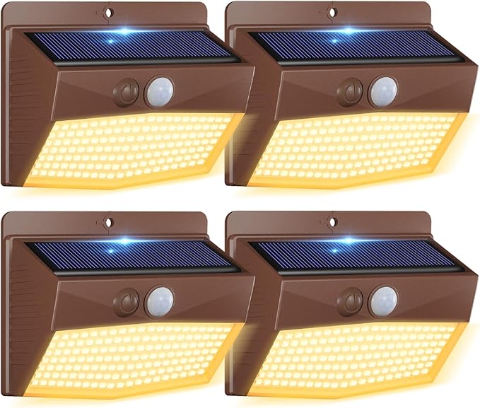 [4 Packs] Solar Outdoor Lights Motion Sensor Solar Security Lights Waterproof with 3 Lighting Modes Solar Powered Wall Lights Outside for Garden Fence Yard,Brown Warm
