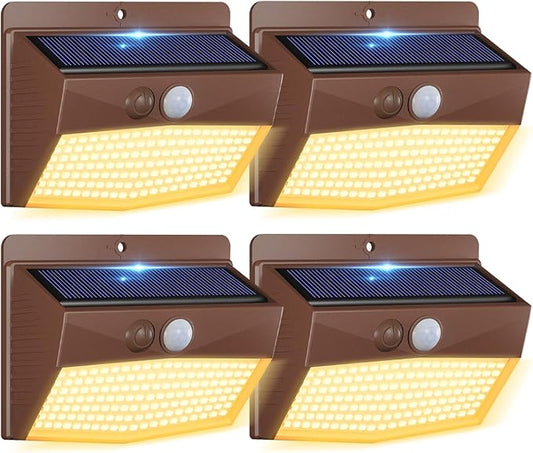 [4 Packs] Solar Outdoor Lights Motion Sensor Solar Security Lights Waterproof with 3 Lighting Modes Solar Powered Wall Lights Outside for Garden Fence Yard,Brown Warm
