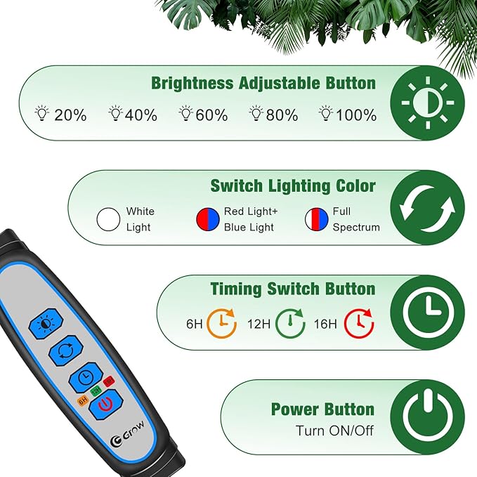 wolezek Grow Lights for Indoor Plants, Full Spectrum LED Plant Grow Light with Adjustable Stand and Sturdy Clip, 5-Heads Plant Light with Auto 6/12/16H Timer, 3 Light Modes, 5 Levels Dimmable