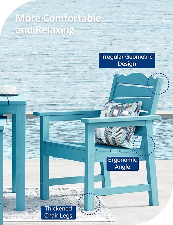 Patio Chairs Set, 3 Pieces Weatherproof HIPS Outdoor Furniture, Patio Chairs Conversation Sets with Side Table for Garden Porch Lawn & Backyard (Lake Blue)