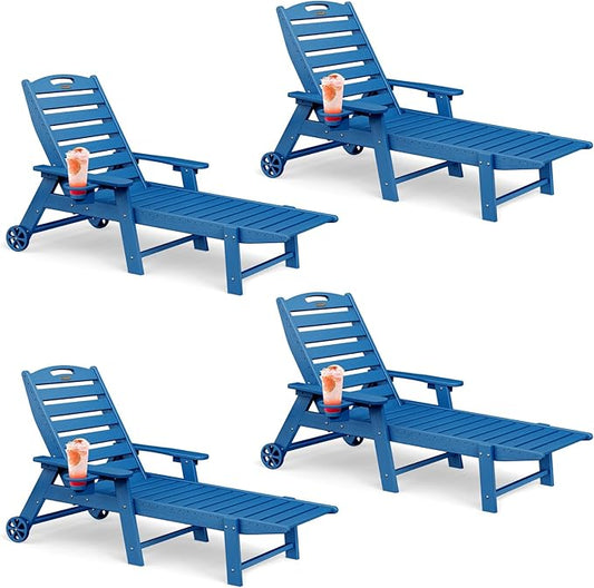 Lounge Chair Outdoor Set of 4 with Wheels, Adjustable 6-Position Chaise Lounge Outdoor, Patio Lounge Chair for Poolside Backyard, Navy Blue
