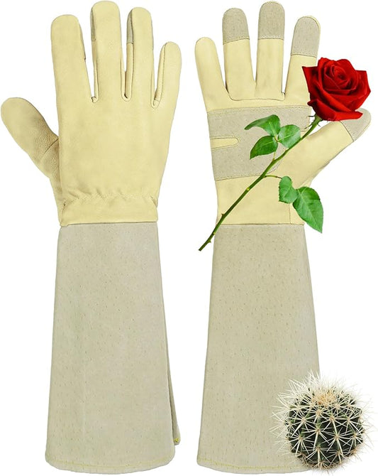 HANDLANDY Rose Pruning Gardening Gloves for Men Women, Thorn Proof Forearm Protection Leather Garden Gloves, Gardening Gifts for Gardeners (Beige- goatskin, Medium (Pack of 1))