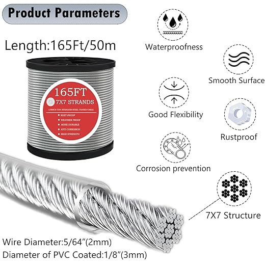 165FT Steel Cable Kit | M5 Turnbuckle & 1/8" Stainless Steel Wire Rope