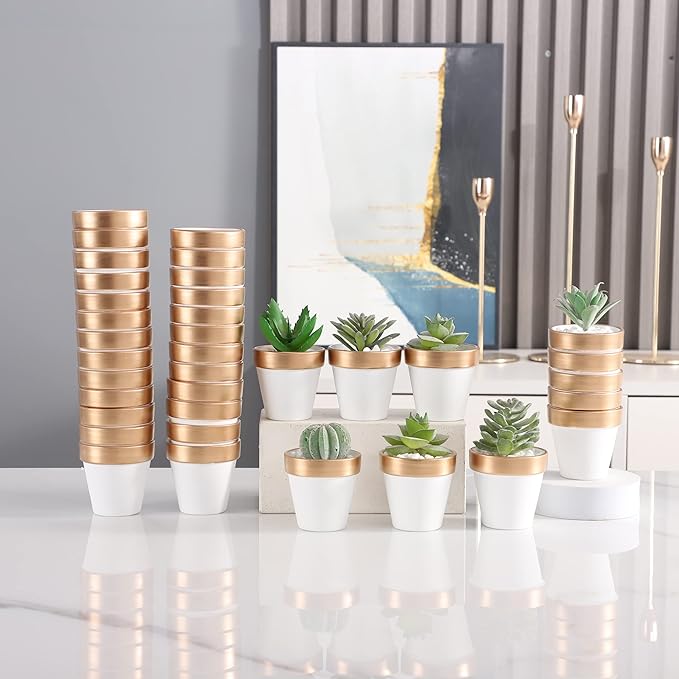 Yishang 36 pcs Small Mini White&Gold Clay Pots, 2.5'' Terracotta Pot Clay Ceramic Pottery Planter,Cactus Flower Terra Cotta Pots,Succulents Nursery Pots,with Drainage Hole, for Crafts,Wedding Favor