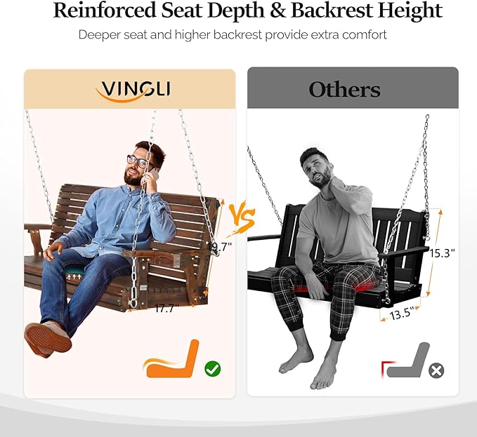 VINGLI XL Size Patio Wooden Porch Swing Outdoor with Cup Holders & Phone Slots, Heavy Duty 880 LBS Hanging Swing Chair Bench with Hanging Chains for Yard, Lawn, Garden (5 FT Pro, Rustic)