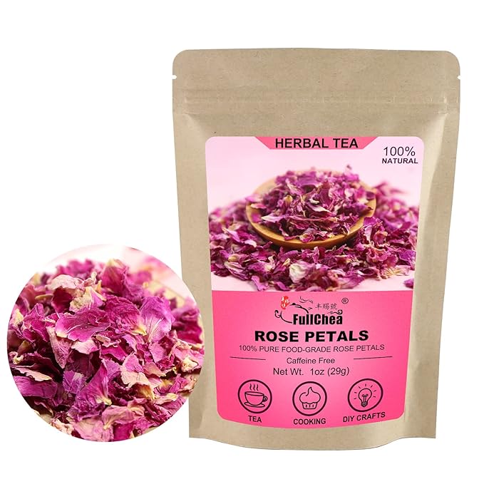 FullChea - Dried Rose Petals - 1oz/29g - Edible Flowers Real Rose Petals - Non-GMO - Caffeine-free - Use in Tea, Baking, Crafting