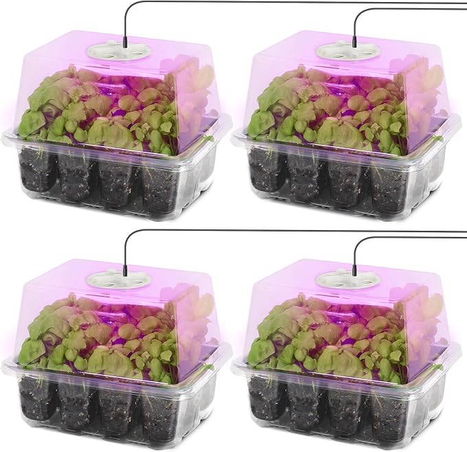 MIXC 4-Pack Seed Starter Tray Kit with Plant Light Seedling Trays with Adjustable Humidity Domes & Clear Cell Trays 12 Full Spectrum LED Beads for Indoor Plant Growth(Transparent)