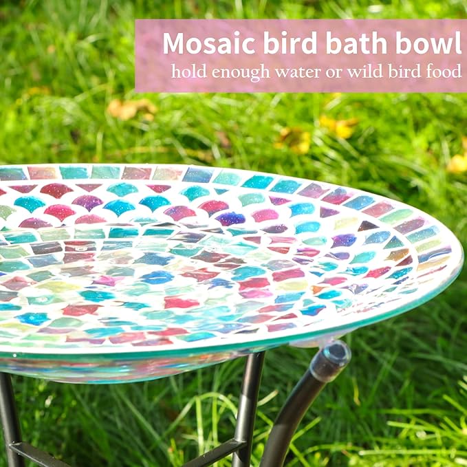 VCUTEKA Bird Baths for Outdoors, Mosaic Bird Bath with Metal Standing for Garden, Yards Patio Décor, Bird Lovers Gift, Glass Birdbath Detachable (20" H * 14" W)