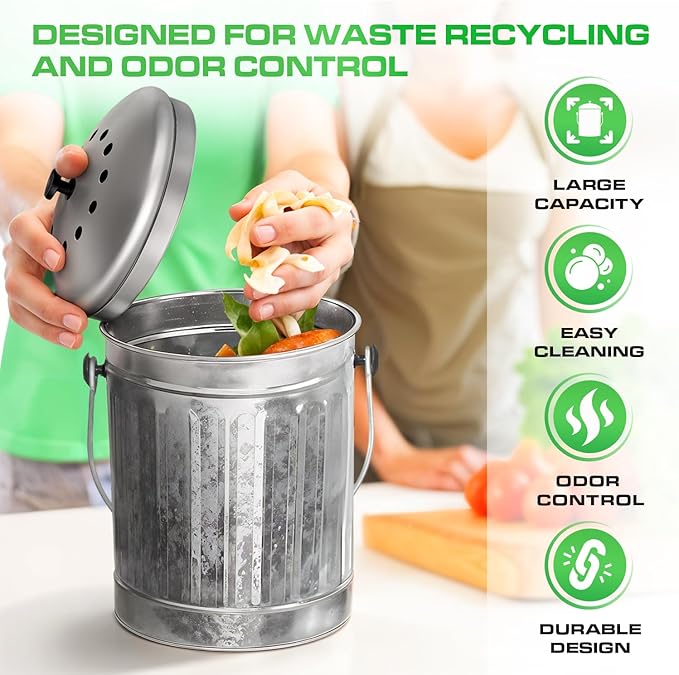 Plexon Countertop Compost Bin Kitchen Indoor, with Lid, Silver 1.5 Gallon Odorless Kitchen Compost Container, Steel Food Bucket Pail with Charcoal Filter, Silver