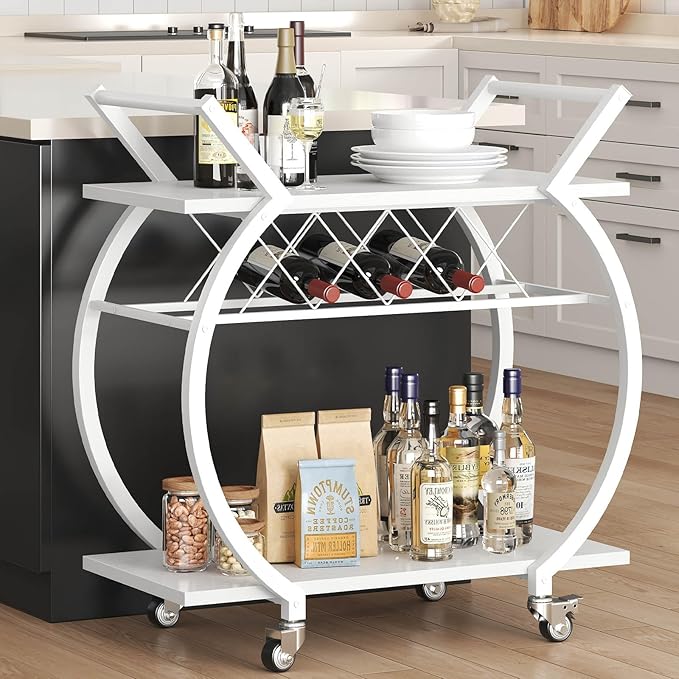 LVB White Bar Cart, Modern Rolling Serving Wine Cart with Storage, Industrial Wood Metal Kitchen Island Beverage Cart with Wheels, Microwave Drink Liquor Cart Table for Home Dining Living, White Oak