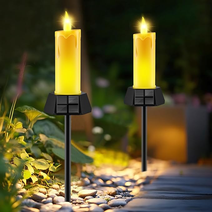 Solar Lights Outdoor Waterproof, Electric LED Flameless Candles with 3 Solar Panels, Solar Pathway Lights for Christmas Outdoor Party Yard Camping Garden Home Decorations, 2 Pack