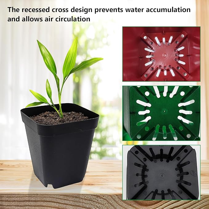 Square Plastic Nursery Pot 3" 120 Pcs Deep Succulent Pots Small Flower Planter Seeds Starter Pots with Drainage (Green,Black,Red 40pcs Each,2.7Inches)