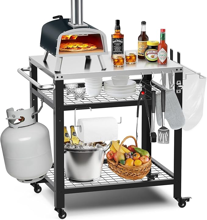 Stainless Steel Pizza Oven Table for Ooni, 650lbs Outdoor Grill Cart with Wheels and Handle, 32"x 24" Three-Shelf Food Prep Cart for Griddle, Movable Outdoor Pizza Cart
