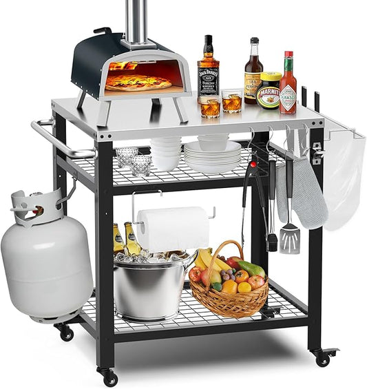 Stainless Steel Pizza Oven Table for Ooni, 650lbs Outdoor Grill Cart with Wheels and Handle, 32"x 24" Three-Shelf Food Prep Cart for Griddle, Movable Outdoor Pizza Cart