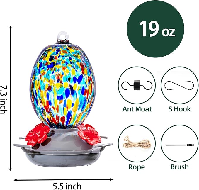 Muse Garden Hand Blown Glass Hummingbird Feeder - 19OZ Plastic Base Humming Bird Feeders for Outdoors Hanging, Garden Decor Gifts for Bird Lovers, Blue Polka Dots
