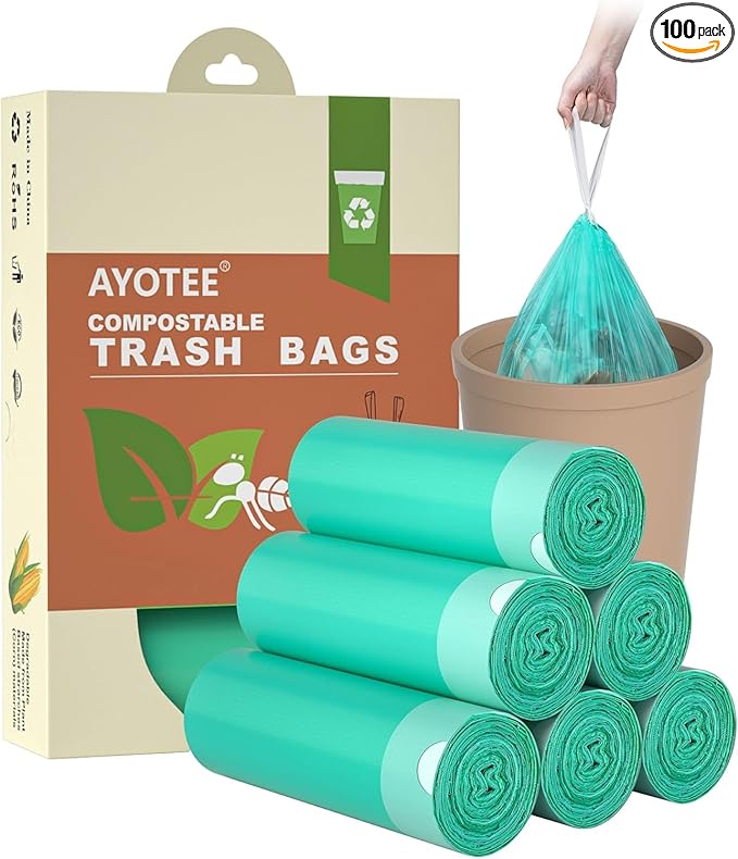 AYOTEE Compostable Trash Bags 4 Gallon Drawstring Trash Bags,100 Counts Ultra Strong Unscented Garbage Bag Small TrashBags Waste Basket Liners for Bathroom, Kitchen, Car, Pet