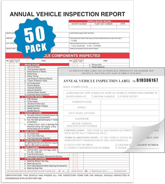 Goldenfox DOT Inspection Forms and Stickers. 50-Pack,3-Ply Carbonless Annual Vehicle Inspection Report (8.5" x 11.75") with 2-Ply Vinyl White Interior fmcsa Annual Inspection Sticker(5"x4")