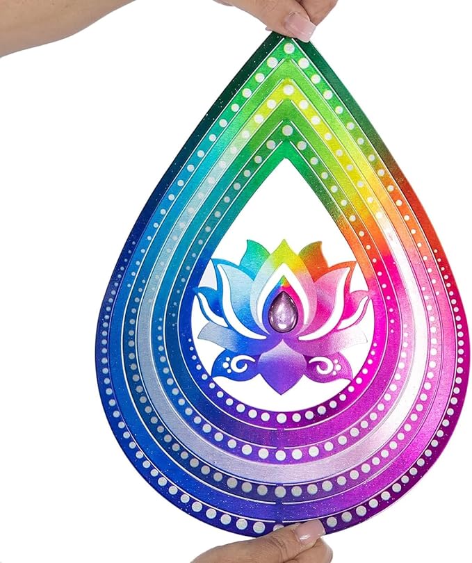 VP Home Lotus Teardrop Wind Spinner - 3D Metal Outdoor Hanging Lotus Decor for Garden and Yard - Kinetic Wind Spinners with S-Hook, Durable Weather-Resistant Steel - 8.5 x 15 Inches