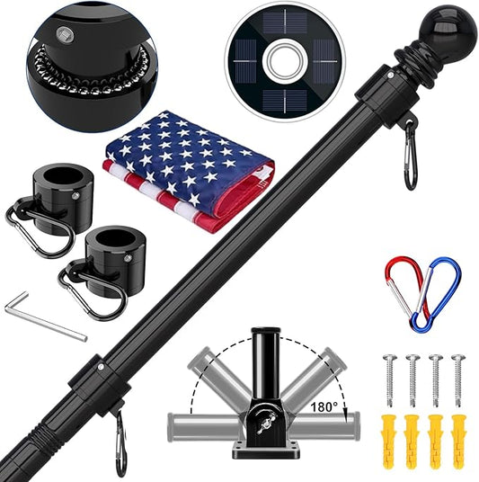 ZMTECH 6FT Flag Pole Kit with Solar Light and Proud American Flag, Adjustable Bracket and Upgraded Tangle-Free Ring 1" Stainless Steel Flagpole for Day and Night, Residential, Commercial, Black