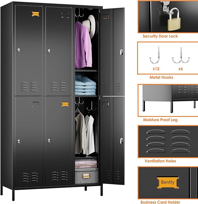 6 Doors Metal Lockers for Employees with 6 Shelves and 18 Hooks, Storage Locker with Business Card Holder for Office Gym School Bedroom, Assembly Required, Black