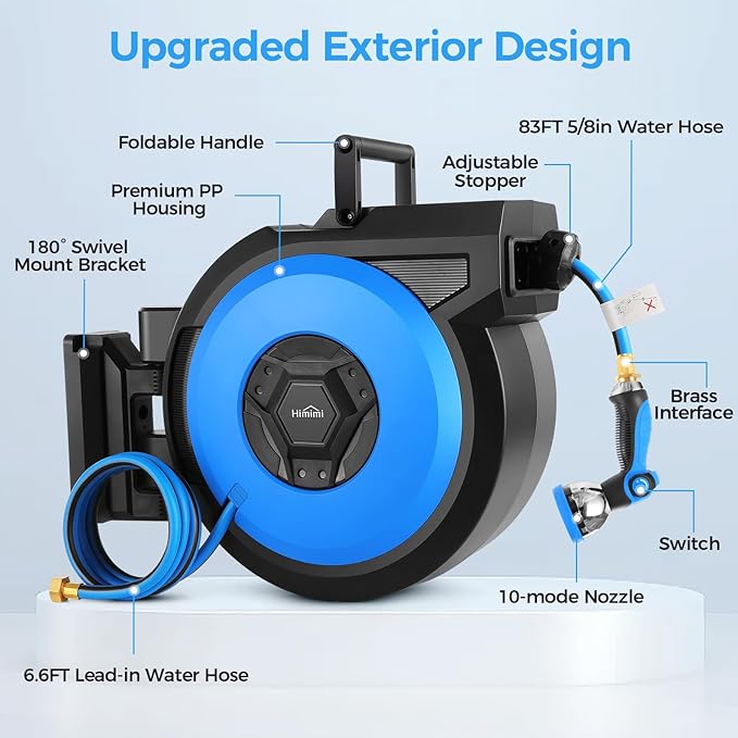 Retractable Garden Hose Reel, 5/8" x 90FT Automatic Retractable Water Hose Reel Wall Mount, with 10- Function Sprayer Nozzle, Any Length Lock/Auto Rewind/180°Swivel