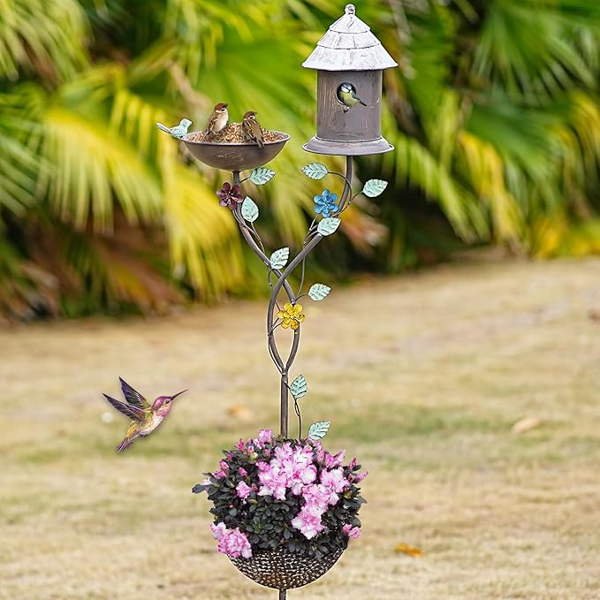 56.7” H Bird Baths for Outdoors, Metal Bird Bath Bird House and Planter Pot 3-in-1 Design, Birdbath and Bird Houses with Pole Stand for Outside Garden Yard Decor