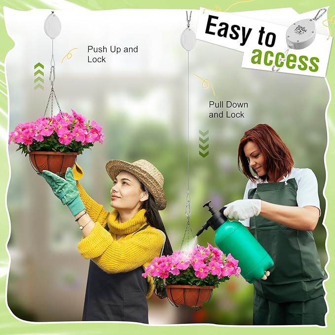 Plant Pulleys for Hanging Plants, Heavy Duty Retractable Hangers, 304 Stainless Steel Rope, Auto Plant Holder, Adjustable Climbing Hook for Garden Baskets Watering, or Bird Feeders (White-4)