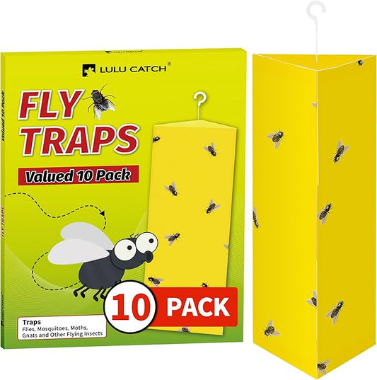 LULUCATCH Sticky Fly Traps, 10 Pack Fly Traps Indoor with Hanging Hook, Odorless Yellow Sticky Gnat Traps for Mosquitoes, Non-Toxic Bug Catchers for Fleas, Drain Flies, Moths, Insects