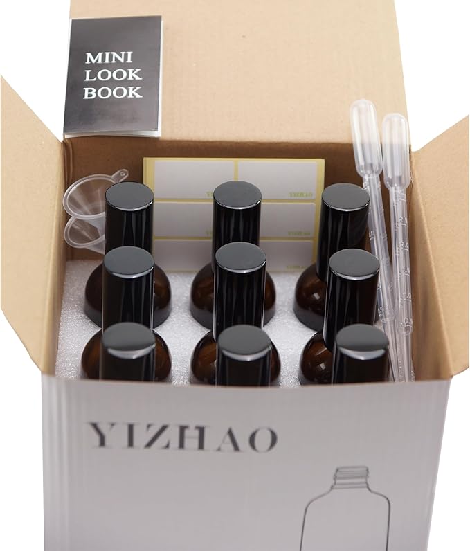 YIZHAO Black Glass Spray Bottles 4oz, with Small Fine Mist Spray, Metal Cap, Refillable for Essential Oil,Travel,Cleaning,Perfume,Aromatherapy,Makeup – 9 Pcs