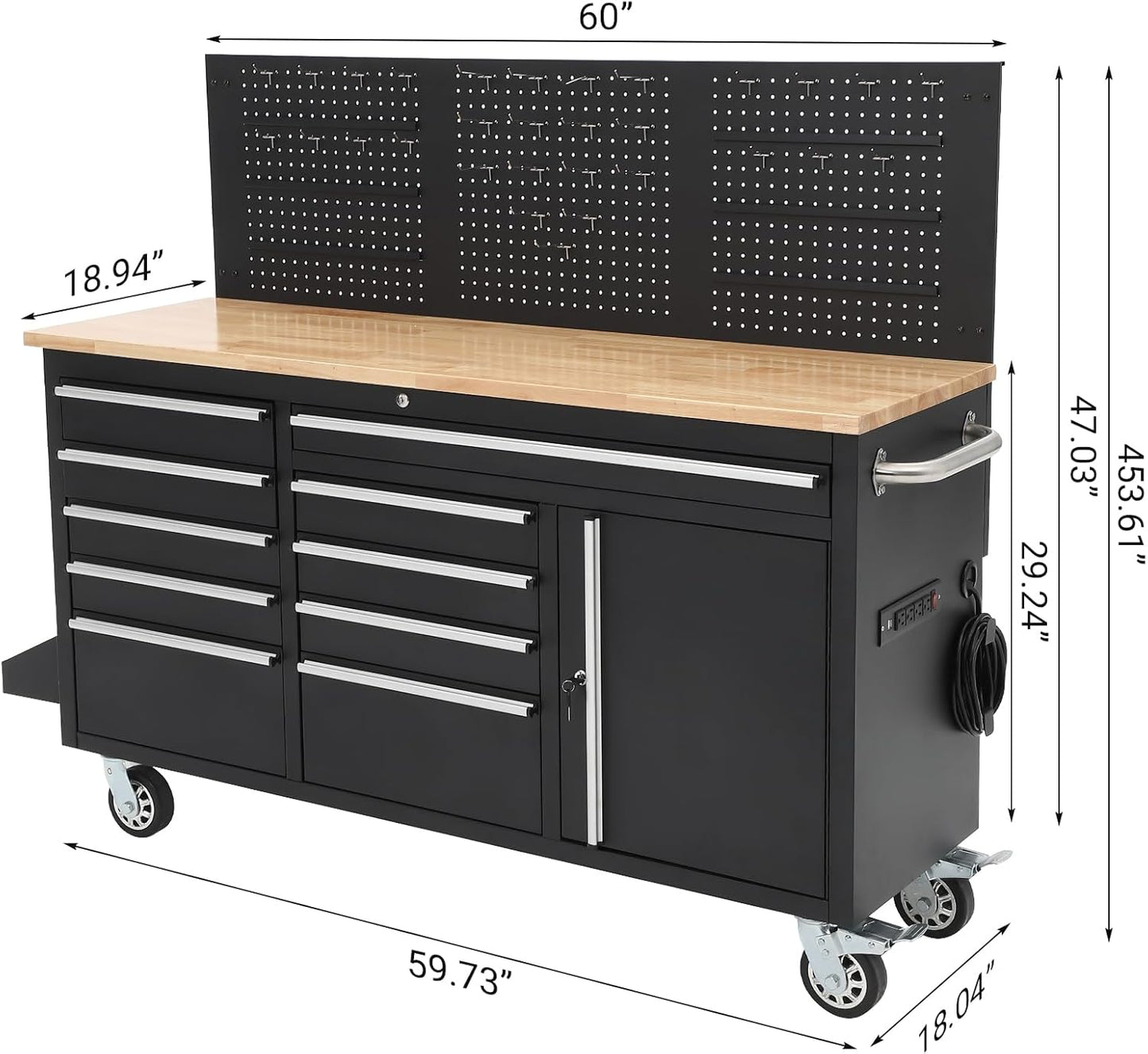 Heavy Duty 61" Tool Chest Cabinet, Mobile Garage Workbench with 10 Drawers and Power Strip, Rubber Wood Worktop, 1675 LBS Load, Rolling Tool Storage Organizer for Mechanic, Shop or Home Use