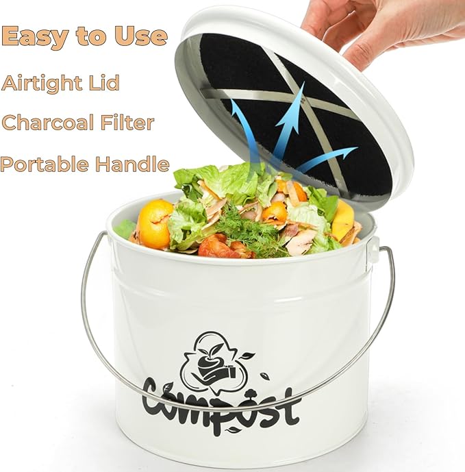Small Kitchen Compost Bin, 1 Gallon Odorless Composter Container, Food Waste Bucket with Charcoal Filter Lid, Indoor Farmhouse Composting Pail Canister for Trash Scraps, Carrying Handle