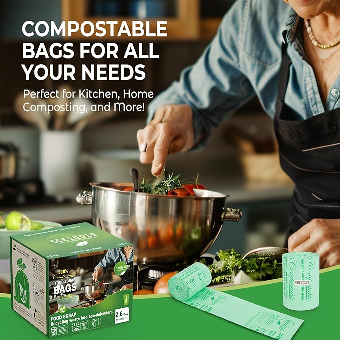 Small Compost Bags 2.6 Gallon - 80 Count 0.8 Mil Thick Compostable Trash Bags for Countertop Bin, ASTM D6400, US BPI, CMA and Europe OK compost HOME Certified