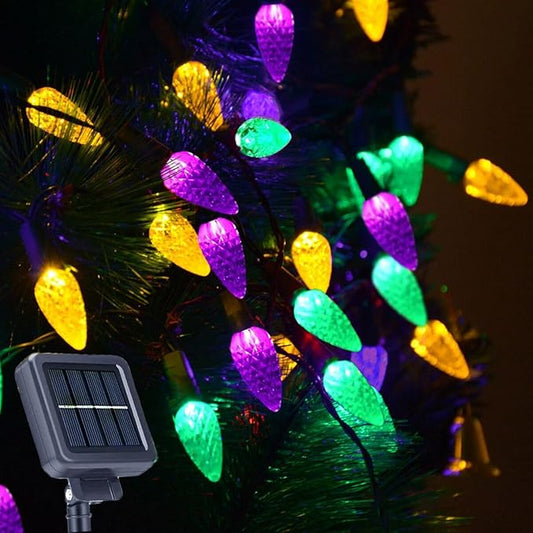 Solar Mardi Gras Lights, Yellow Green Purple Decor Lights, 100 LEDs 8 Modes Waterproof Solar Outdoor C6 Strawberry Garden Lights for Mardi Gras, Camping, Holiday, Arbor, Fence, Balcony Decorations