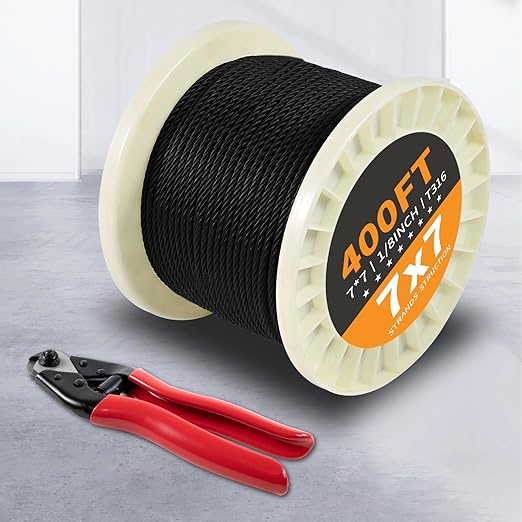 400FT 1/8" Stainless Steel Cable Black 7x7 Strands Aircraft Cable T316 Wire Rope with Cable Cutter 1800lbs Breaking Strength Metal Wire Cable for Deck Cable Railing, Stair, Fence, DIY Balustrades