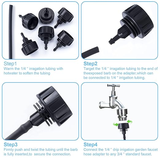 PAGOW Drip Irrigation Kit, 1/4 inch Fittings, Hose Adapter, Garden, Lawn, Black (6pcs Connector, 6 Washer)