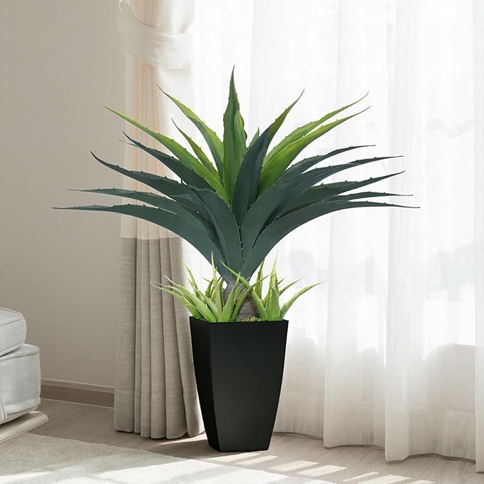 Artificial Spiked Agave Plant 2.5ft, 30 Inch Tall Fake Aloe Vera Plants in Black Pot, Fake Floor Plant Indoor Outdoor for Front Porch Patio Home Office Door Step Decor 2PCS