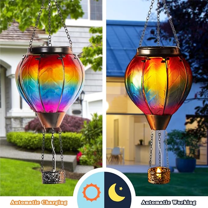 Starsoul Hot Air Balloon Solar Lantern with Candle Holder Solar Hot Air Balloon Flickering Flame Hanging Garden Light Waterproof Glass Hot Air Balloon Solar Lamp Decorative for Lawn Porch Tree Yard