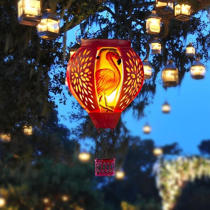 Starsoul Pink Hot Air Balloon Solar Lantern Flamingo Metal & Glass Solar Hot Air Balloon Hanging Garden Light Waterproof Outdoor Lantern for Patio Yard Party Decor