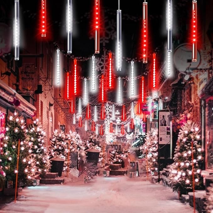 Solar Meteor Shower Lights Outdoor Waterproof, Christmas Decorations Lights Solar Powered, 16 Tubes 384LED Rain Drop Lights, Snow Cascading String Lights for Tree Party Garden Decor (Red and White)