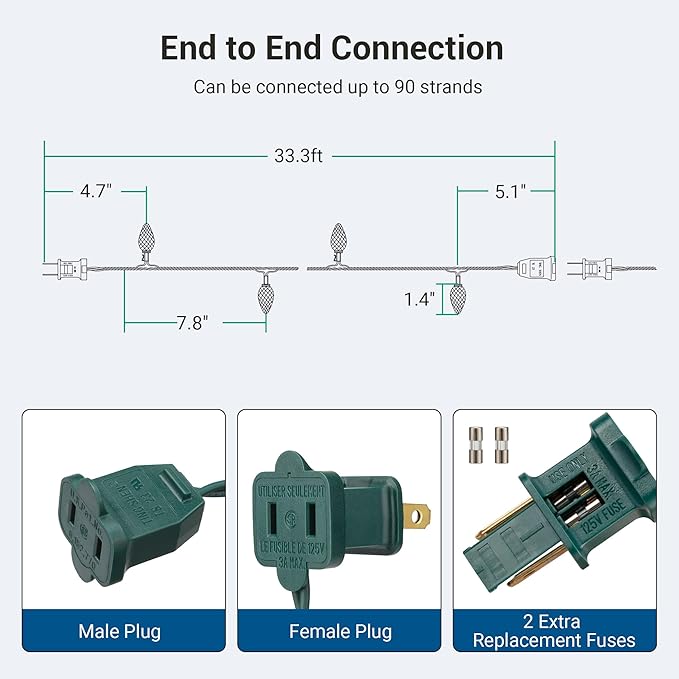 DEWENWILS C7 Red & Green Christmas Lights Outdoor, 33.3ft 50 LED String Lights, Waterproof Connectable Bulb Lights for House, Xmas Tree, Garden, Yard, Porch, Green Wire, UL Listed