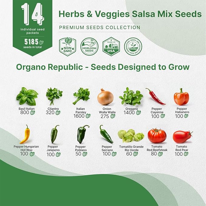 Organo Republic 14 Herbs & Veggies Salsa Mix Seeds Variety Pack - 5,180+ Non GMO Heirloom Herb, Tomato & Chili Pepper Seeds for Planting Outdoor & Indoor Home Gardening: Basil, Cilantro Onion, Peppers