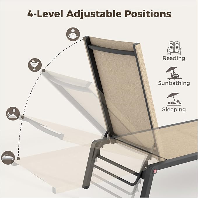 Patio Chaise Lounge Set of 2 with 4 Adjustable Backrest, Foldable Aluminum Chaise Lounge Chair Recliner for Outdoor, Poolside, Sun Tanning Beige